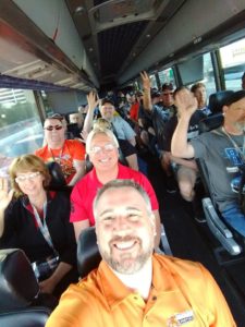 RaceAway guests enjoying the motorcoach ride to Las Vegas Motor Speedway during the NASCAR weekend.