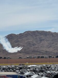 Air show with jet smoke trails over Las Vegas Motor Speedway during NASCAR weekend
