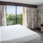 Embassy Suites Orlando North king bedroom with large window, flat-screen TV, and modern décor, offered in Daytona NASCAR Packages.