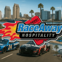 RaceAway Hospitality logo over stock cars on the San Diego waterfront, featured in San Diego NASCAR Ticket Packages.