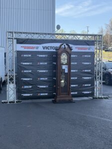 The Martinsville Speedway grandfather clock stands on display in Victory Lane during the 2026 Cook Out 400 weekend.