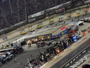 NASCAR Cup Series cars race under the lights on the high banks of Bristol Motor Speedway during the 2026 Bass Pro Shops Night Race.