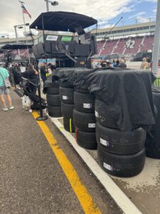 Stacks of Goodyear racing tires sit along pit road at Phoenix Raceway before the 2026 Freeway Insurance 500.